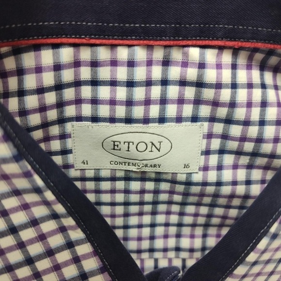 Eton Shirt Mens 16 41 Purple Blue Check Contemporary Dress Long Sleeve Cotton - Picture 6 of 12